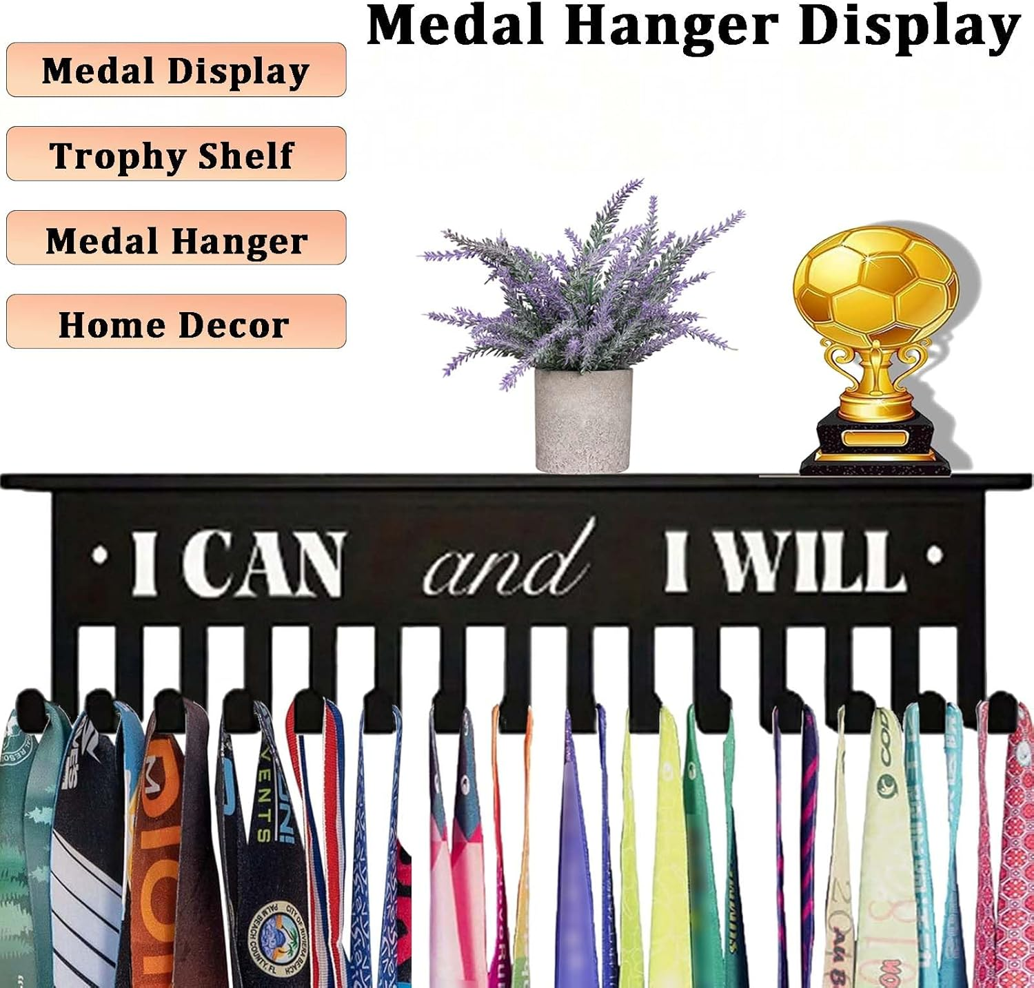 Medal Hanger Display,Metal Medal Holder with 15 Hook,Wall Mount Hanger Holder,Trophy Shelf for Karate Belt,Running,Marathon,Soccer,Taekwondo image number 2