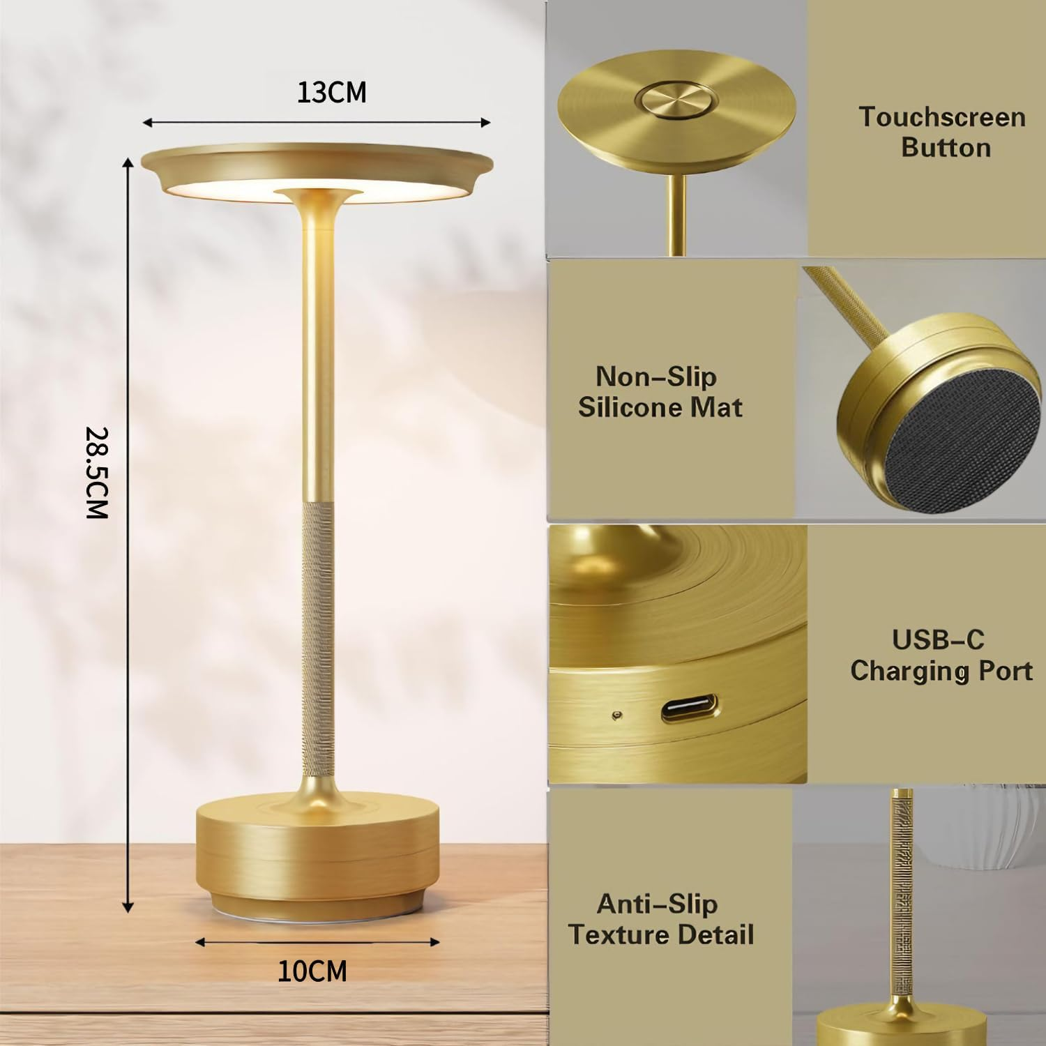 2 Pack Golden Cordless Rechargeable Table Lamp, LED Portable Touch 3000Mah Battery Operated Table Lamps, with Memory Function 3-Level Brightness for Patio, Bars, Bedroom, Outdoor, Dinner, Cafe image number 2