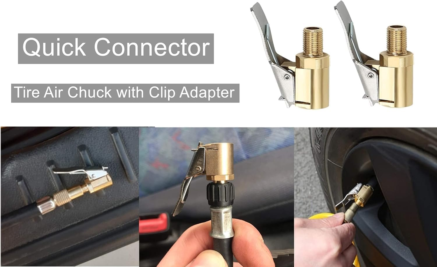 Tire Air Chuck with Clip Adapter, 2Pcs Brass Locking Tire Inflator Nozzle Adapter Connect, Tire Chucks for Vehicle Inflator Compressor Pump Connecttool(Color:As Shown)