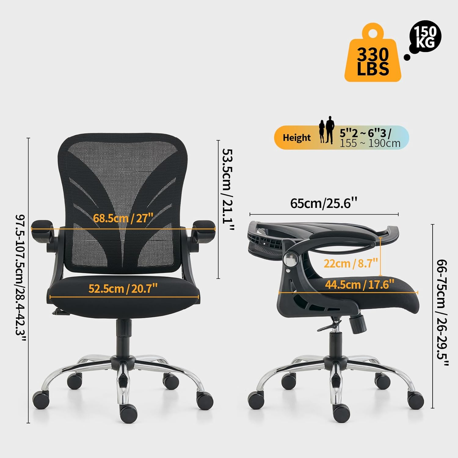 Ergonomic Office Chair with Foldable Backrest, Computer Desk Chair with Flip-Up Armrests, Mesh Lumbar Support and Tilt Function Big and Tall Office Chair, Black image number 4