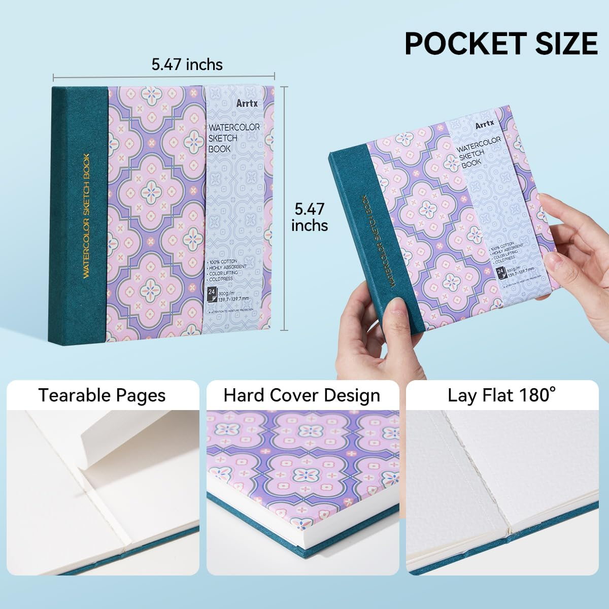 2 Pack Arrtx Square Watercolor Sketchbook, 5.47X5.47'', 140 LB, 300 GSM, 100% Cotton Paper, Cold Press, 48 Sheets, Hardcover Watercolor Journal for Use as Travel Notebook for Artists Adults Students image number 2