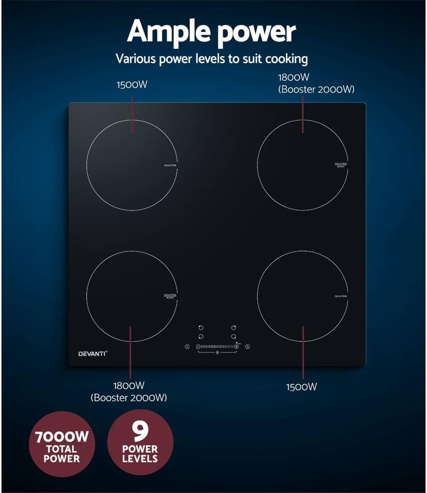 Devanti Induction Cooktop, Ceramic Glass Portable Cookware Cooker Super Powerful Electric Stove Plate Home Kitchen Appliance, with 4 Cooking Zones Touch Control Panel Black image number 5