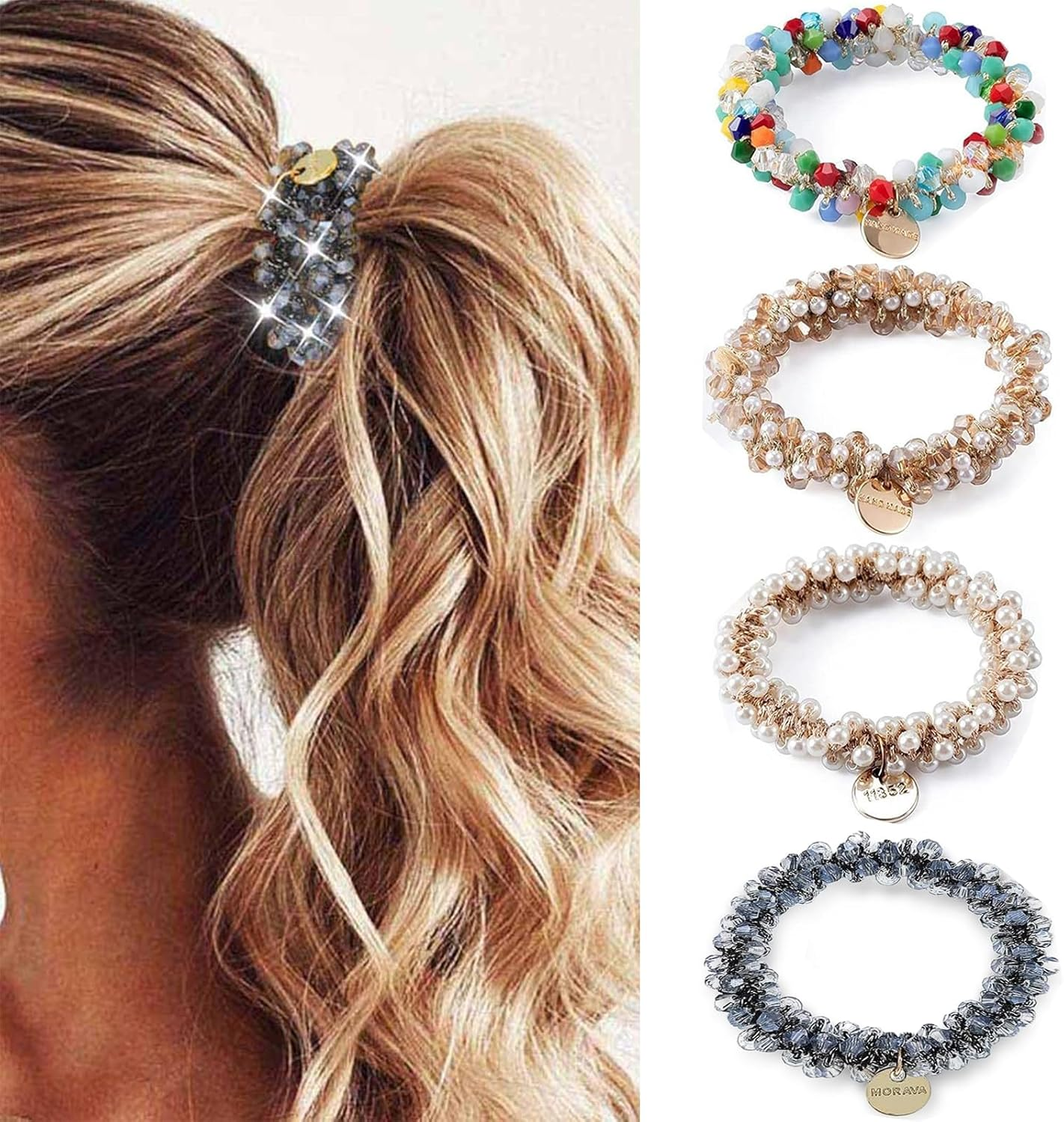 Zvorgath 4-Pack Pearl Hair Ties - Crystal Hair Scrunchies, Elegant Hair Accessories for Women, Fashionable Hair Bands for Daily Use or Special Events image number 5