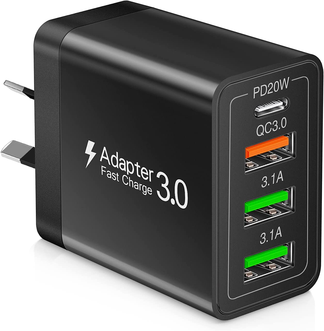 USB Charger, Total 33W Abetcabe 4 Ports Wall Charger Plug Fast Charger Power Adapter Compatible for Samsung Galaxy S20 S10 S9 S8 Note 8/9, Iphone, Pad, Tablet,Htc, LG and More (1-Pack Black)