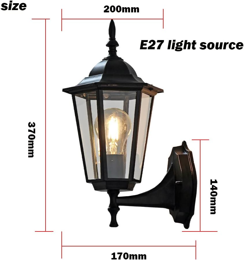 Vintage Outdoor Wall Light, Black Metal Globe Lantern, Glass Panels, 37Cm Height, E27 Base, Porch Indoor Outdoor Garden Decorative Lamp Fixtur (B) image number 2