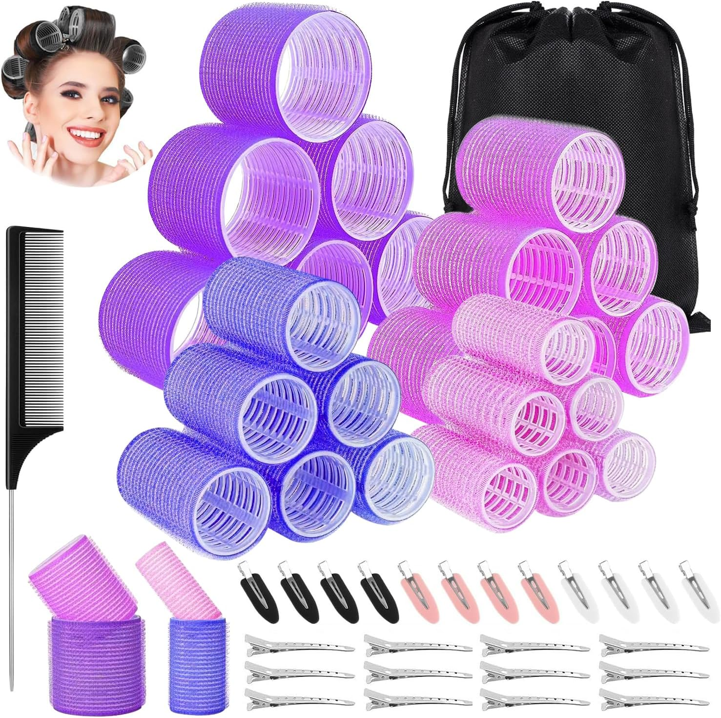 50Pcs Hair Rollers Set with Clips, H HOME-MART Blowout Look Self-Grip Hair Curlers Set Includes 24 Jumbo, Large, Medium Sizes Hair Roller, 24 Clips, 1 Comb and Storage Bag - Ideal for Volume and Curls image number 1
