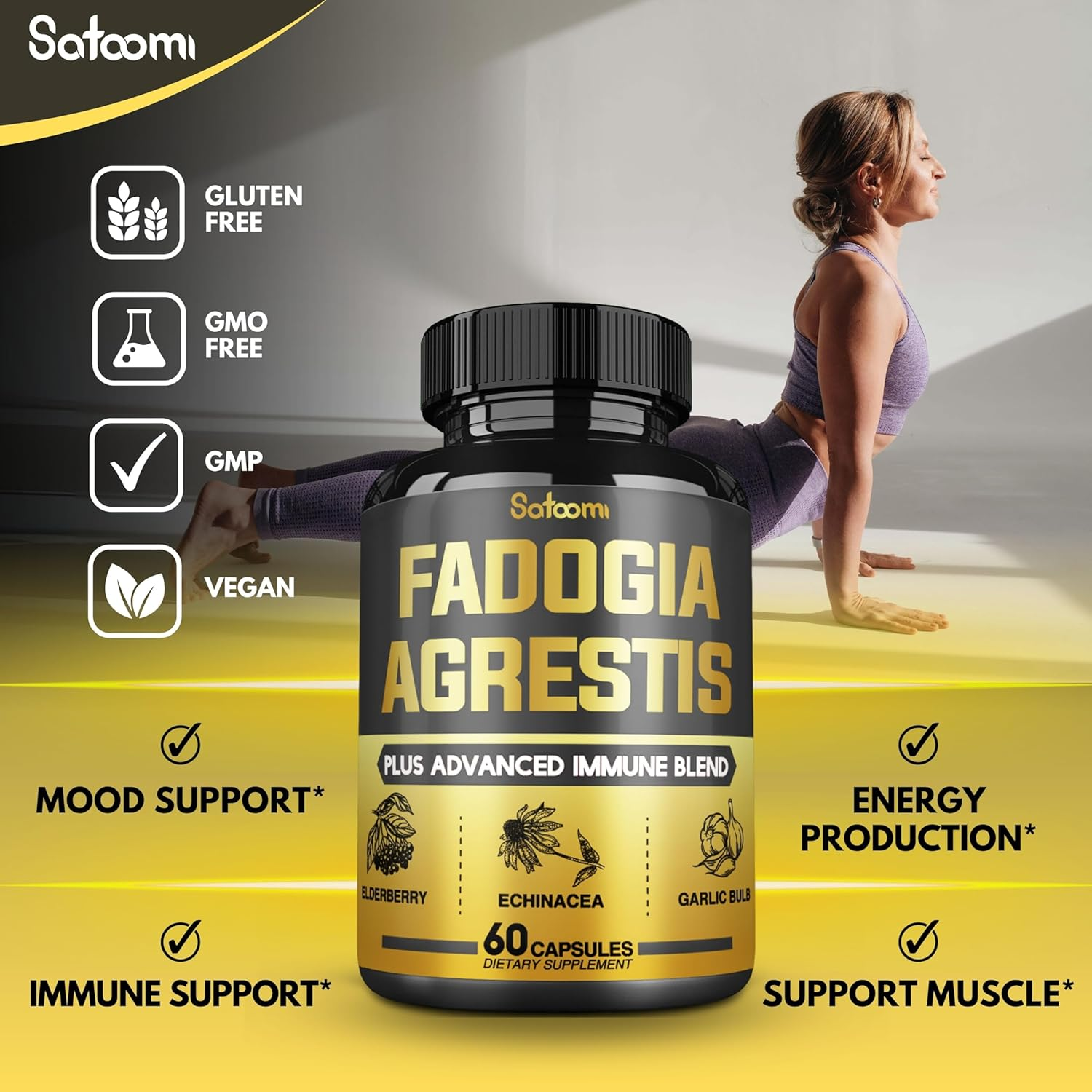 SATOOMI 15In1 Fadogia Agrestis Supplement - Tongkat Ali Root, Shilajit, Black Peper, Elderberry & More - 2 Packs 60 Caps for 2 Months image number 2