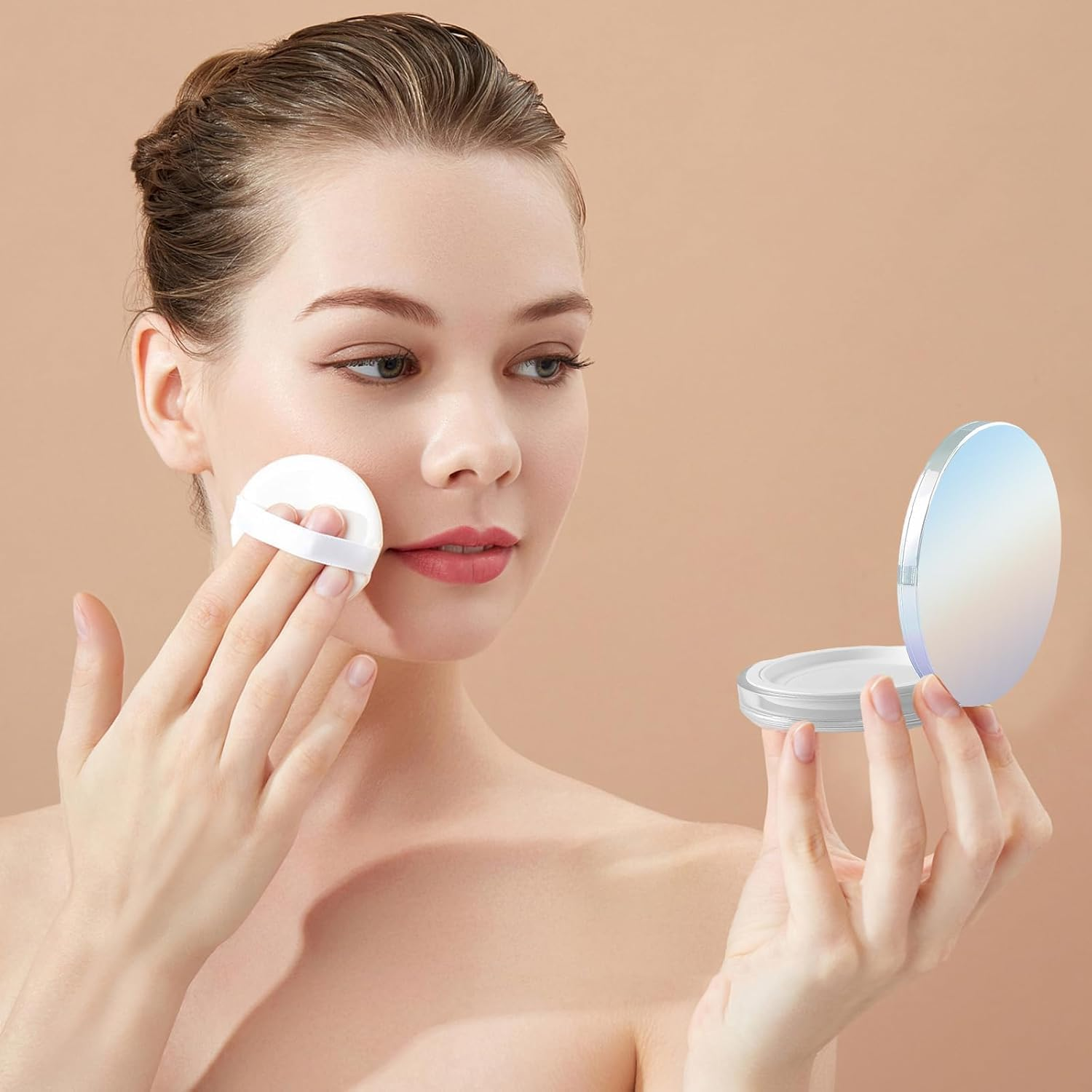 2-Pack Refillable Loose Powder Compact with Puff & Mirror &ndash; Portable Travel Makeup Container with Mesh Sifter, Leak-Proof Empty Case for Blush, Foundation & Setting Powder (Silver, Iridescent Silver) - Pink，Silver image number 3