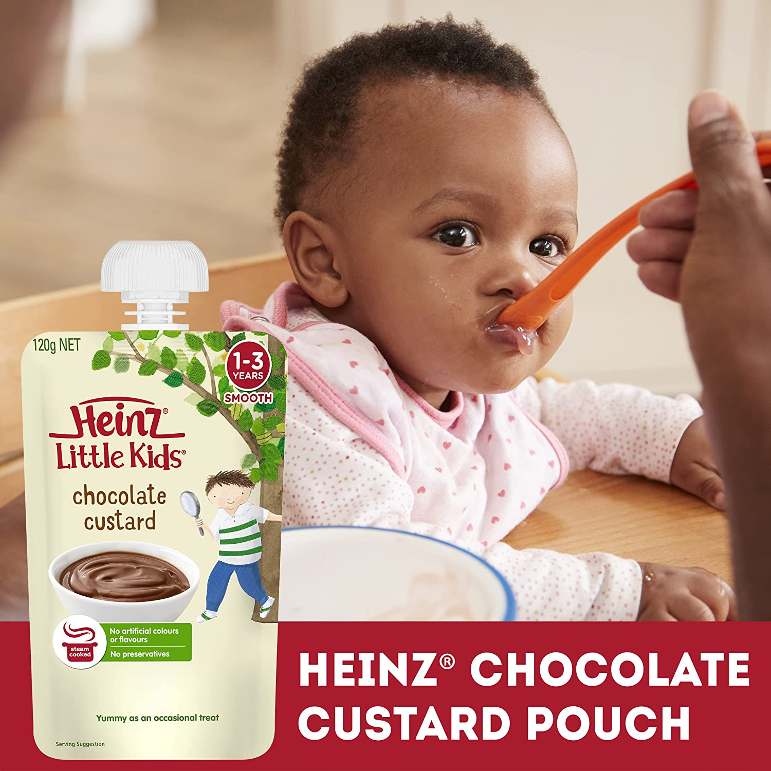 Heinz Chocolate Custard 1-3 Years Heinz for Baby Heinz Little Kids Baby Food Pouch No Artificial Flavours, No Preservatives, No Added Colours 120G (Pack of 6) image number 3