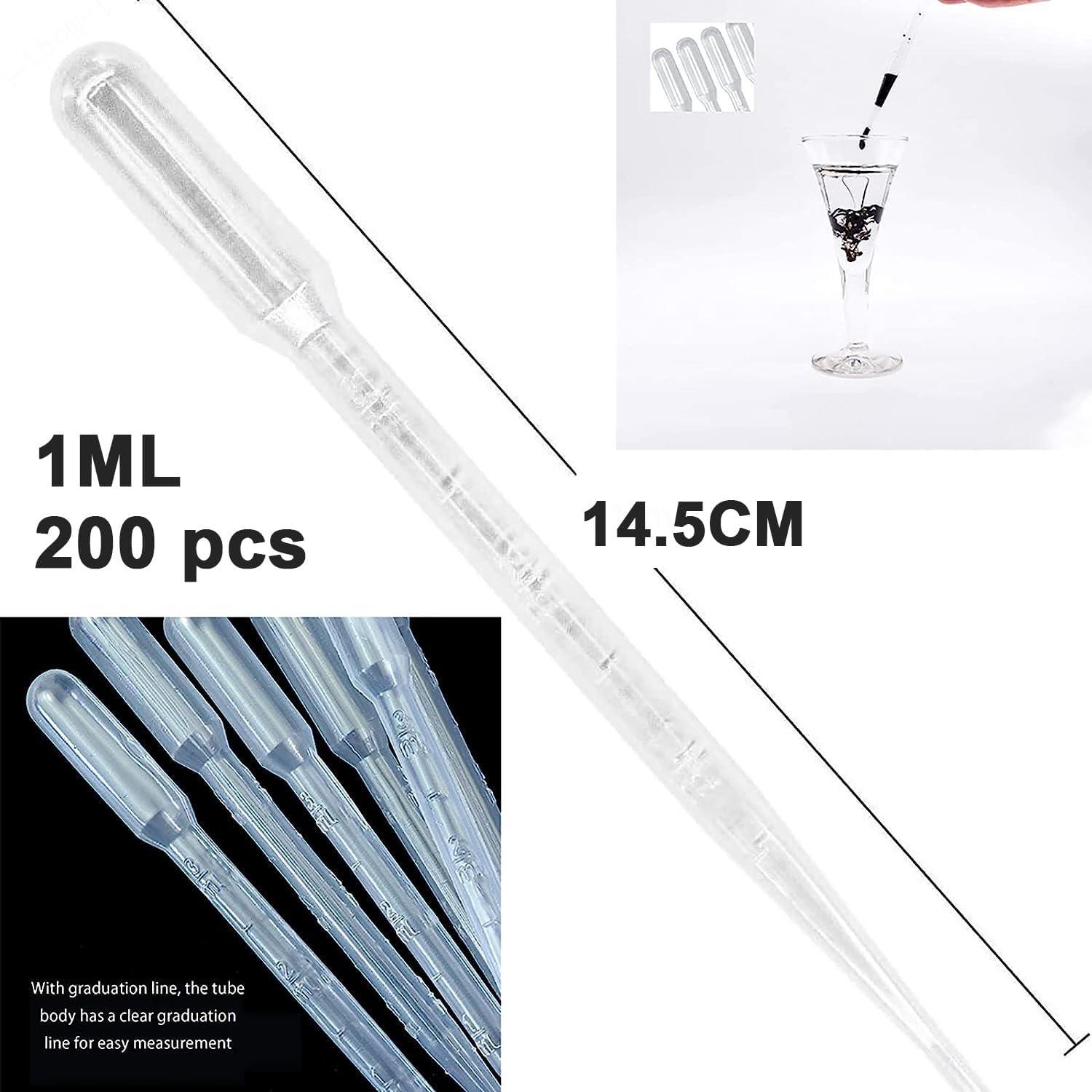200Pcs Graduated Transfer Plastic Pipettes Eye Dropper 1ML Washable Pipettes for Essential Oils