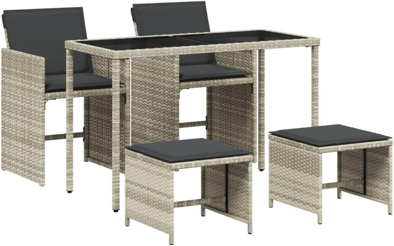 Vidaxl 5-Piece Bistro Garden Dining Set-Light Grey Poly Rattan with Foldable Chairs, Tempered Glass Tabletop, Thick Cushions