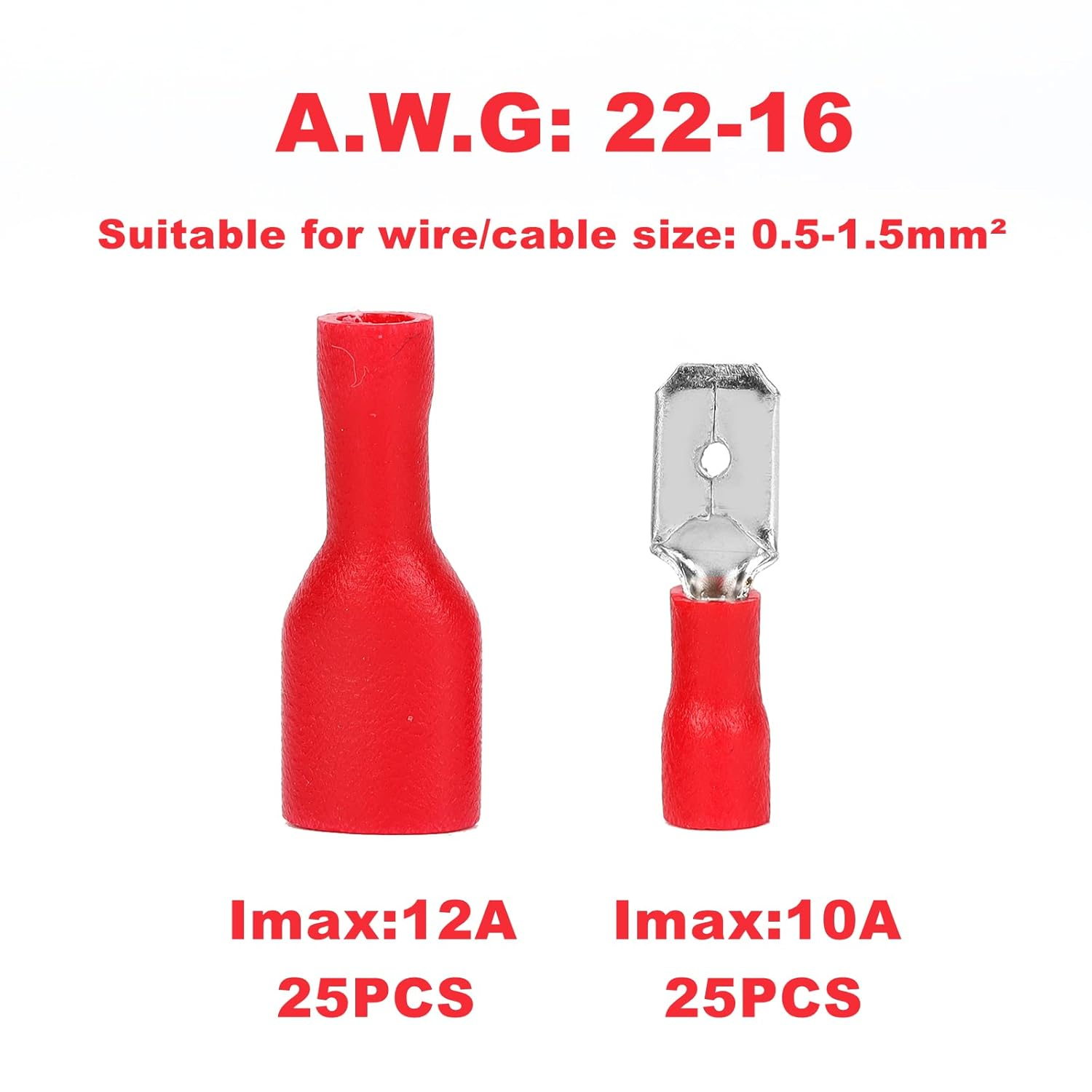 Ruimou 50Pcs Red 10A+12A AWG22-16 Crimp Spade Copper Connector(M+F), Insulated Quick Disconnect Terminals for Wire,Car,Electrical (Red) image number 2