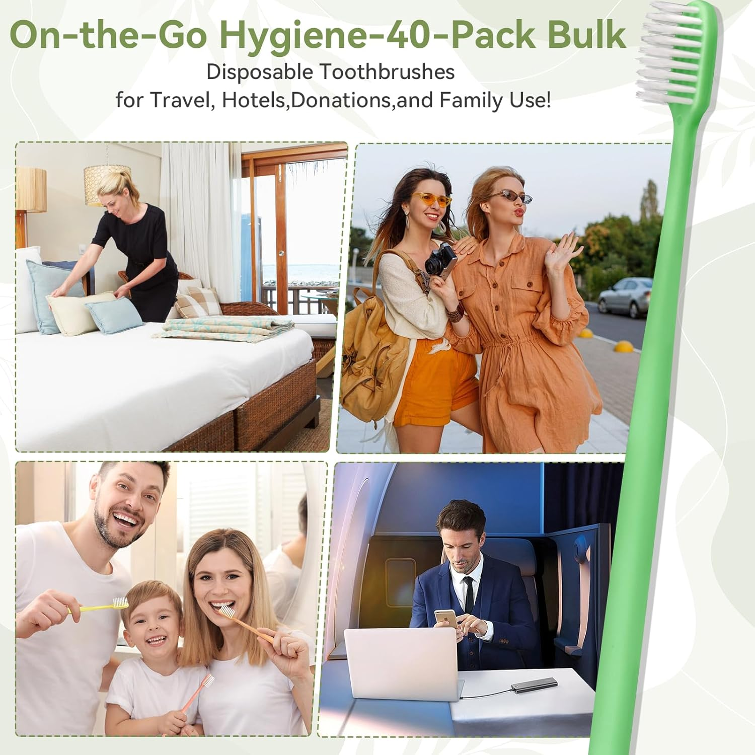 Fresings 40 Pack Disposable Toothbrushes Bulk &ndash; Individually Wrapped Soft Bristles Single Use for Adults & Kids, Travel Hotel Guest Dental Office Donation Emergency Hygiene,Minimalist Design 5 Colors image number 6