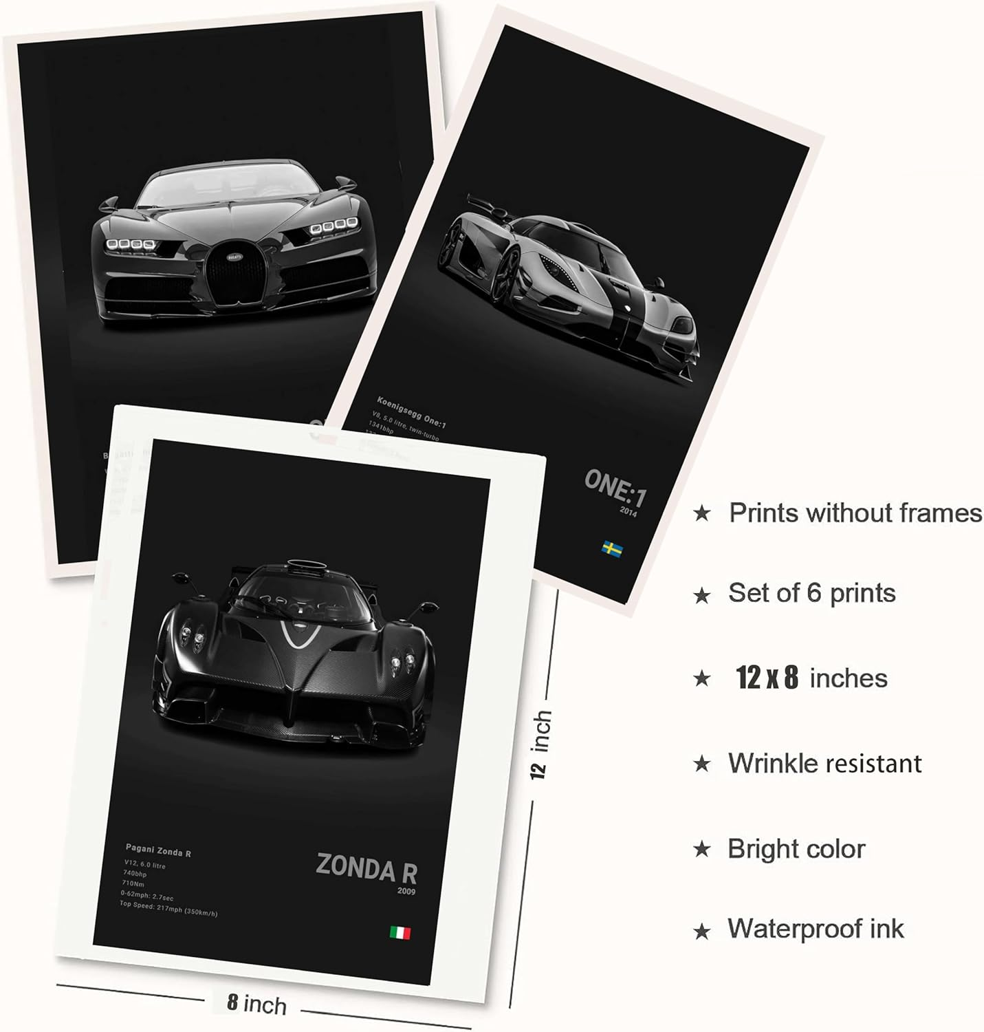 Super Car Poster Racing Car Wall Art for Home Decor Car Prints for Walls FXXK CHIRON P1 911GT3 RS ZONDA R ONE:1 Cardstock Posters Set of 6(Unframe 8X12Inch) image number 3