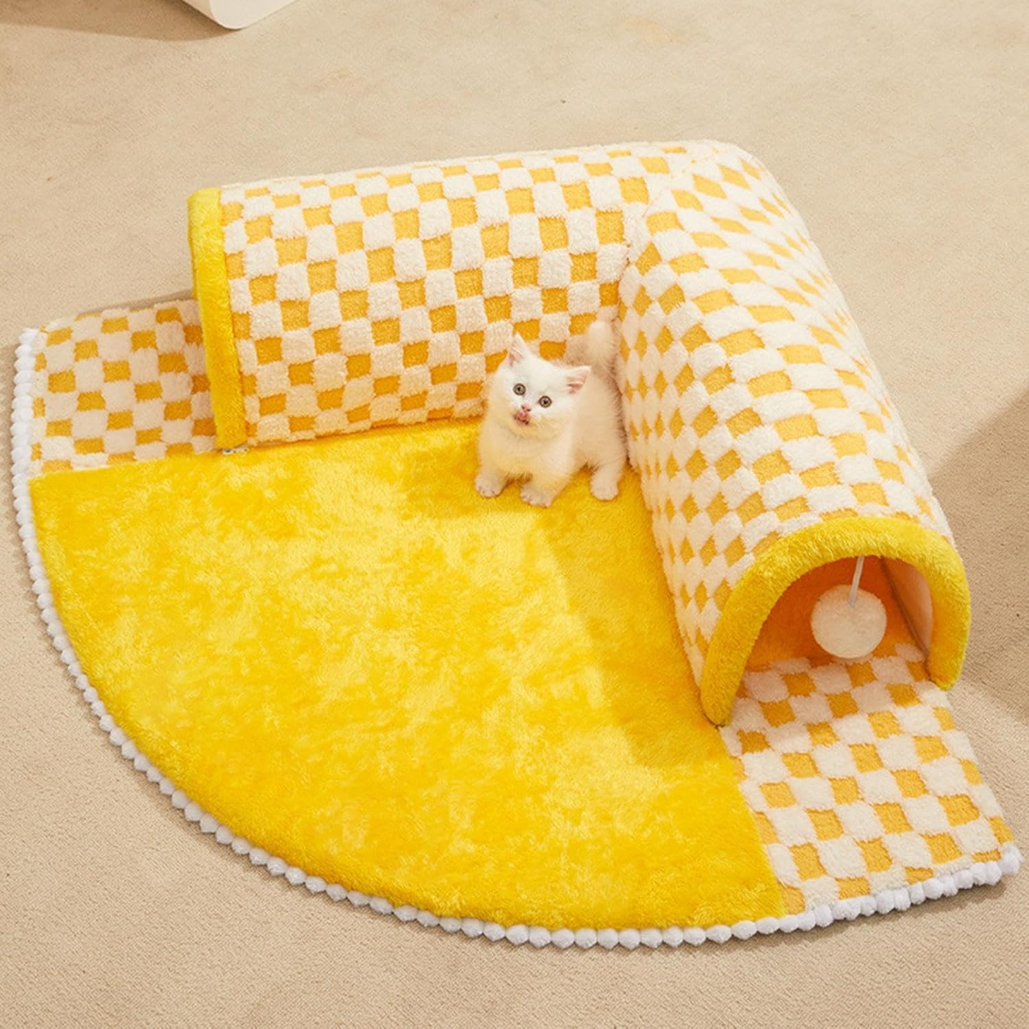 Fluffy Cat Bed with Tunnel | Interactive Pet Cave | Yellow Cat Bed Tunnel, Fluffy Square Tunnel, Cat Tunnel Bed for Indoor Cats, 2 in 1 Foldable Indoor Soft round Cat Tunnel Bed image number 6