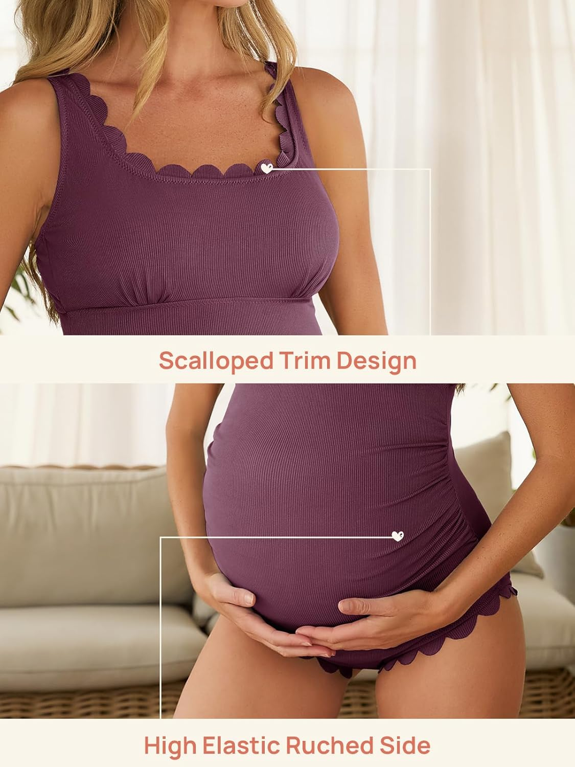 Summer Mae Ribbed Maternity One Piece Swimsuit Scalloped Cut Out Pregnancy Bathing Suit Square Neck Swimwear image number 6