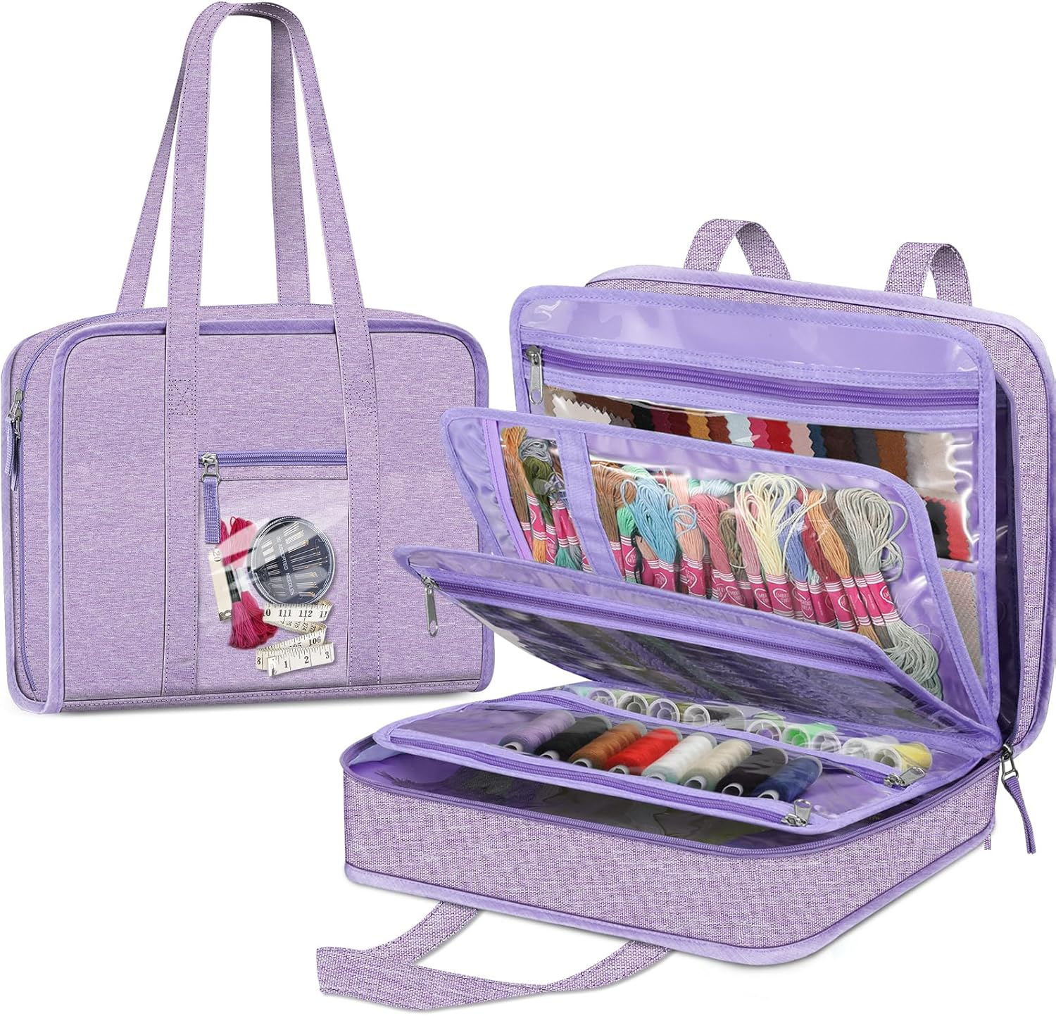 FINPAC Sewing and Craft Supplies Storage Tote, Large Capacity Travel Packing Organizer Bag with Clear Pockets and Handle for Knitting, Crochet, Art, Sewing Accessories