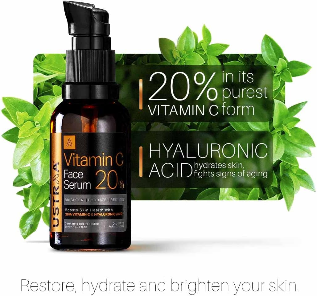 Ustraa 20% Vitamin C Face Serum Dermatologically Tested, with Hyaluronic Acid & 20% Vitamin C in the Purest Form, Antiaging, Fights Dark Spots 30Ml image number 2