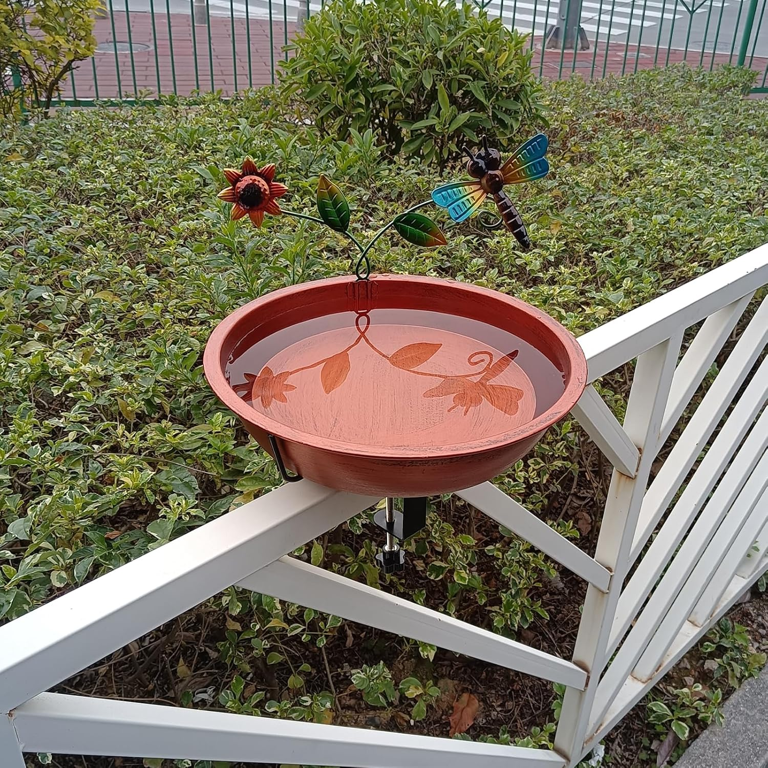 Deck Bird Bath for Outside, 13 Inch Large Antique Copper Metal Birdbath Bowl with Adjustable Big Steel Clamp, Backyard Bird Feeders/Baths for Railing Balcony Fence Yard Art Garden Decor image number 1