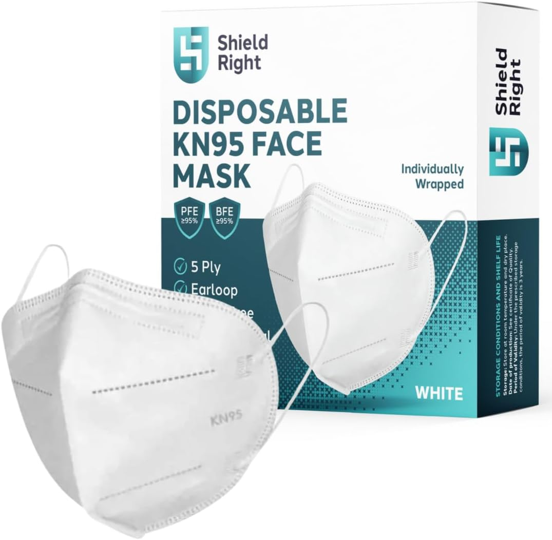 Shield Right KN95 Face Masks 10 Pack &ndash; Individually Wrapped 5-Ply Disposable Masks | N95 P2 Equivalent | Black or White | Comfortable, Breathable, Latex-Free