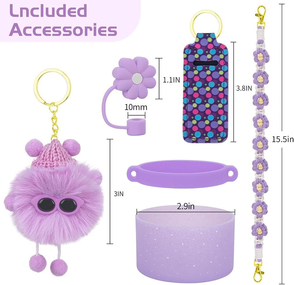 6 PCS Cup Accessories for Stanley Cup, Water Bottle Handle Strap for Stanley 30/40 Oz Tumbler with Handle, Including Straw Toppers, Silicone Cup Boot, Soot Sprite Keychain Charms - Purple image number 2