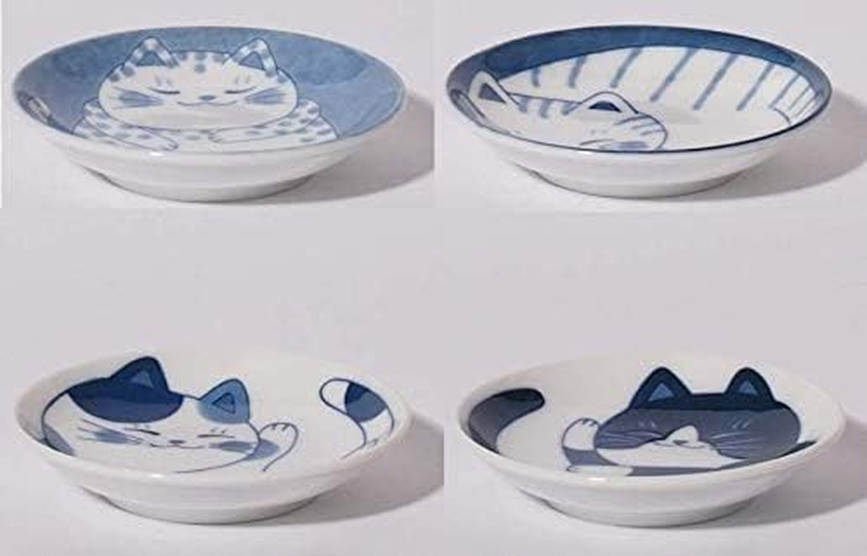Japanese Small Plate Set, Ceramic, Cute Cats Design, Appetizer, Dessert, Sushi Sauce 3.94" X 0.8",Set of 4 image number 1