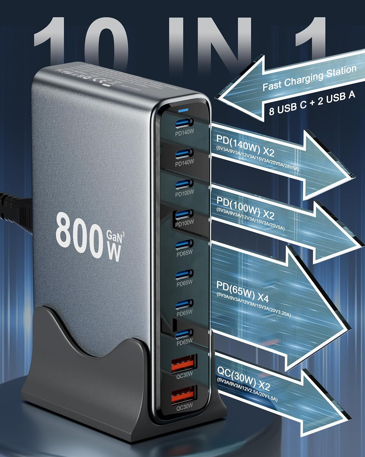 ARIELLX 800W USB-C Charging Station - 140W USB C Charger, 100W USBC Gan Laptop Charger, 10-Port Multi Fast Charger Dock Compatible with Macbook Pro, Ipad, Iphone 16 Pro Max/15, Samsung Galaxy, Dell image number 2