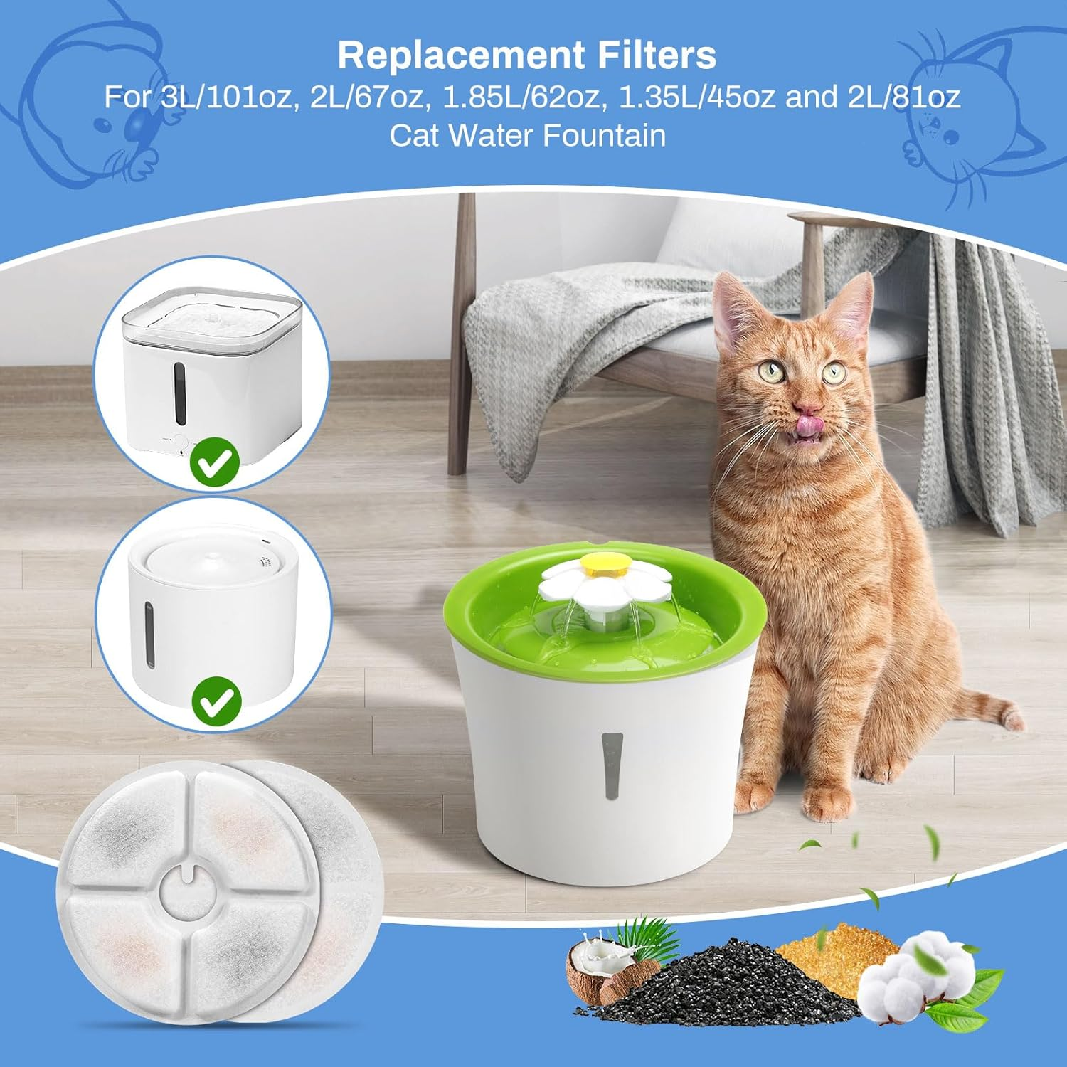 Pack of 12 Cat Fountain Replacement Filter, Feriva Replacement Filter for 3L Flowers Cat Fountain, Triple Action Pet Water Fountain Filter, Replacement Filter for Drinking Fountain Cats (14 Cm image number 5
