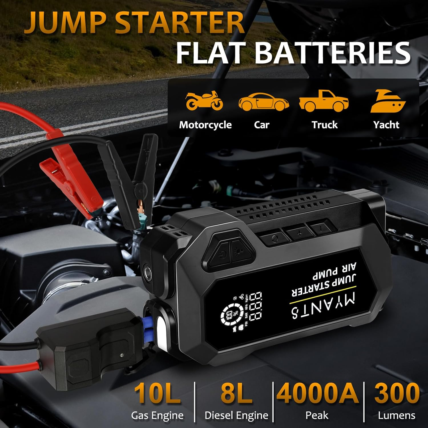 Car Battery Jump Starter with Air Compressor 4000A 12V Tyre Inflator, Power Bank Charger, Portable Jump Box Battery Booster Jumper Start Pack with USB QC 3.0,Up to 10.0L Gas/8.0L Diesel Engines image number 3
