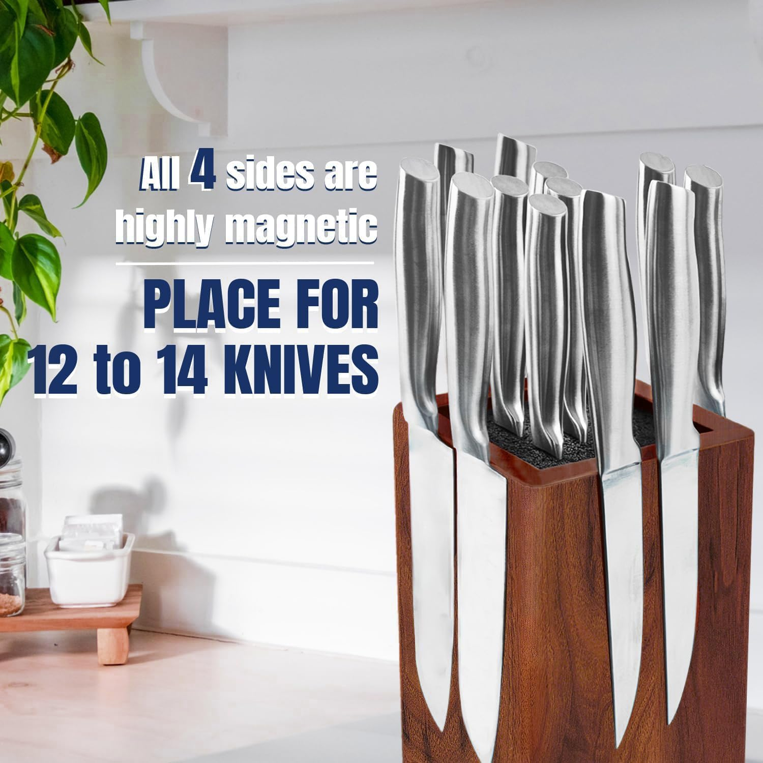Magnetic Knife Block without Knives, 360&deg; Rotatable Magnet Knife Holder Stand Made of Fine Acacia Wood, Extra Large Capacity Knife Storage for Knives and Utensils for Kitchen Counter Top image number 3