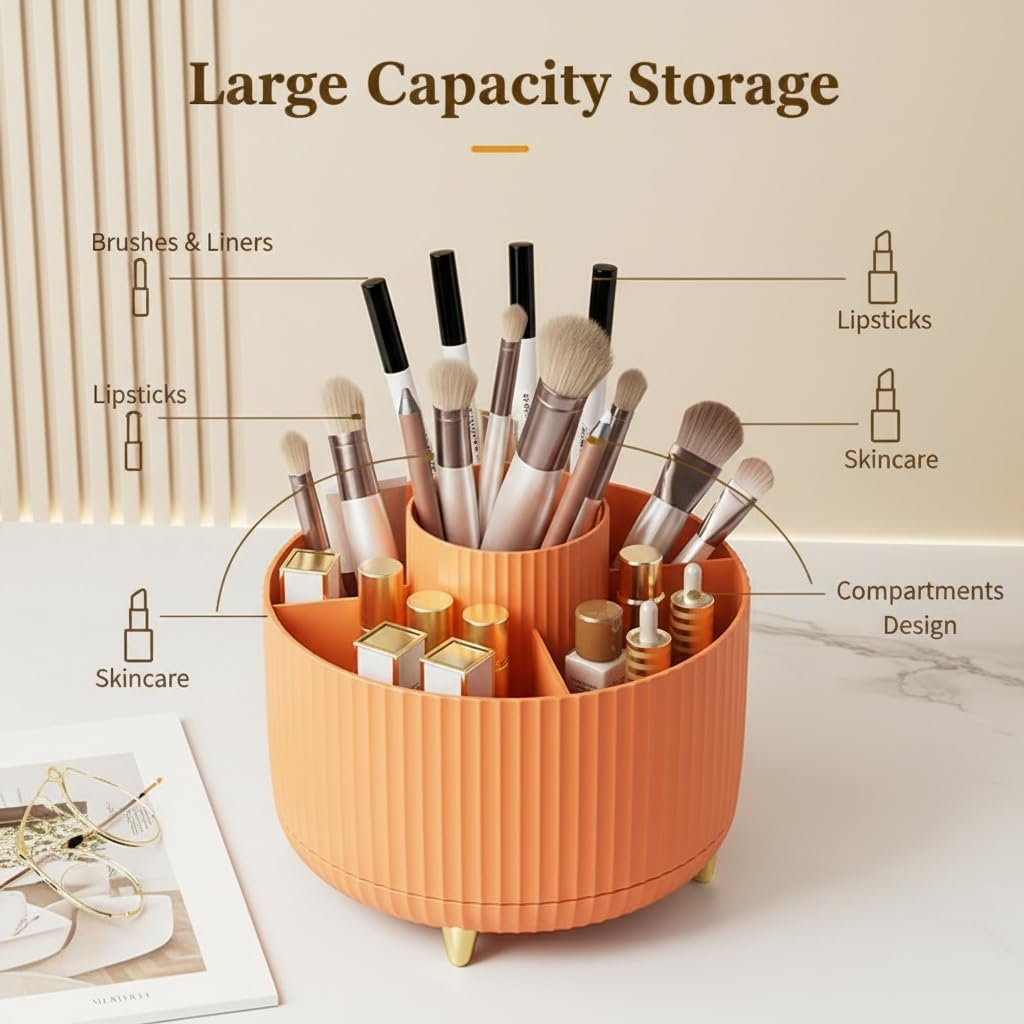 Spinning Makeup Brush Holder, 360&deg; Rotating Makeup Brush Organizer with 5 Slots, Large Capacity Cosmetic Storage Cup for Makeup Brushes, Lipsticks, Nail Polish, Bathroom Vanity Organizer(Orange)