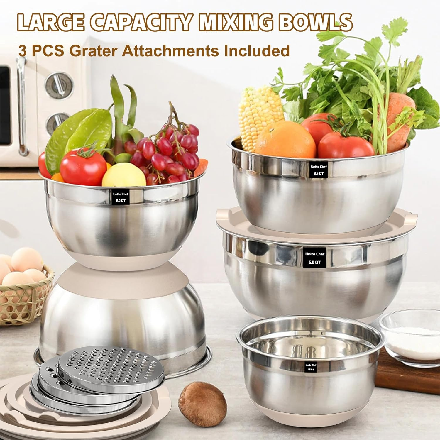 Umite Chef Mixing Bowls with Airtight Lids Set, 8PCS Stainless Steel Khaki Nesting Bowls with Grater Attachments, Kitchen Bowls with Non-Slip Bottoms, Size 5, 4, 3.5, 2, 1.5QT for Mixing & Serving image number 5