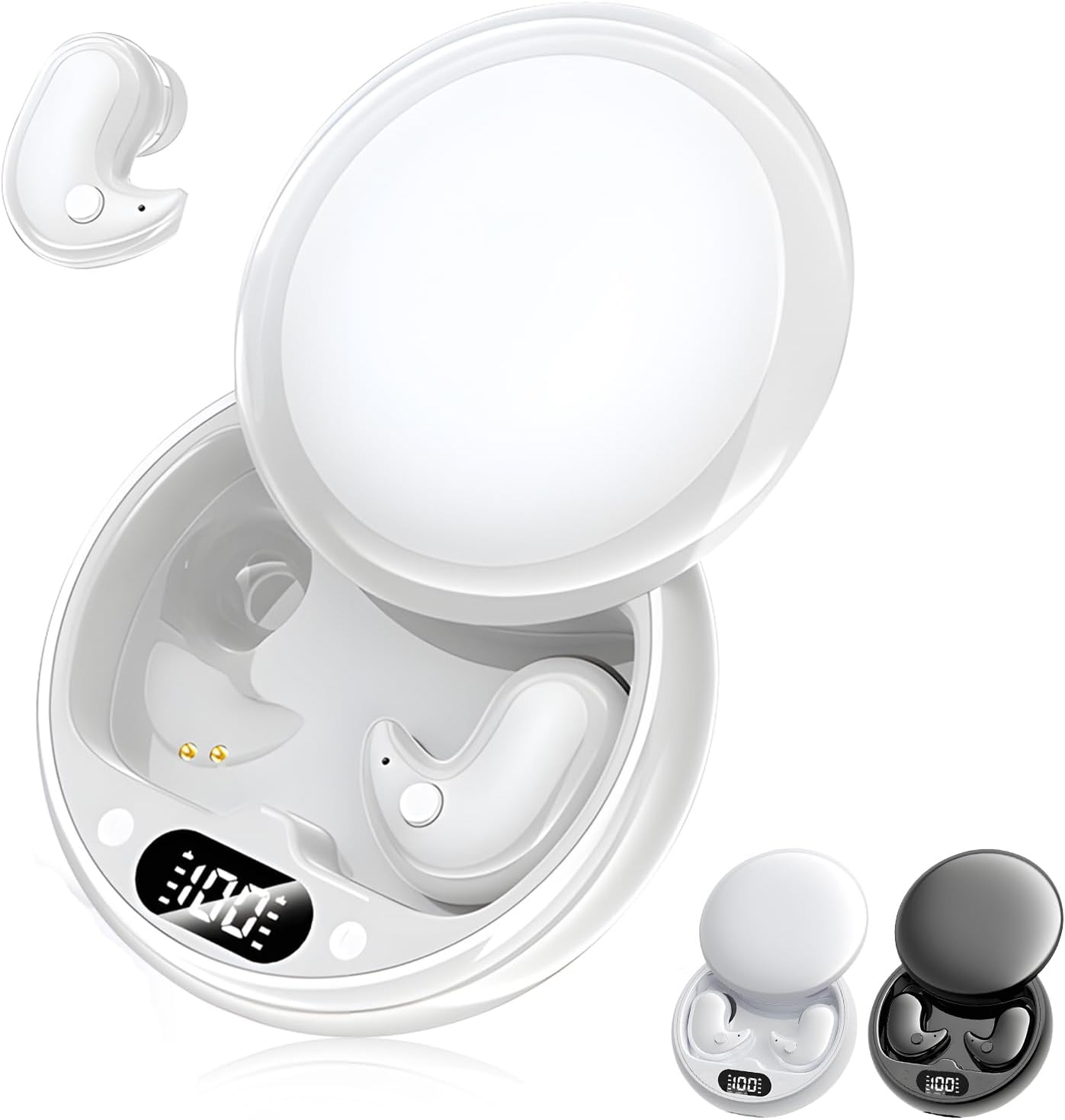 Vision Beam Ear Buds, Invisible Sleep Wireless Earphone, Comfortable Fit LED Power Display for Sleeping, Working, Hiking (White)