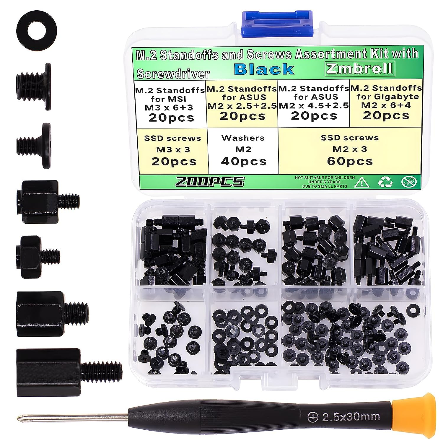 200Pcs M.2 Screw Kit,Black M2 SSD Mounting Screws,Nvme Screw for Laptops,M.2 Standoff and Screws for Asus Gigabyte MSI Motherboards with Screwdriver