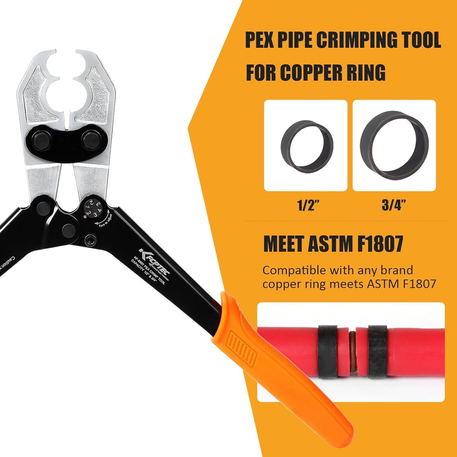 KF CPTEC 1/2" & 3/4" PEX Crimping Tool with Go/No-Go Gauge, Suitable for Copper Crimp Rings, Complies with ASTM F1807 Standard image number 2