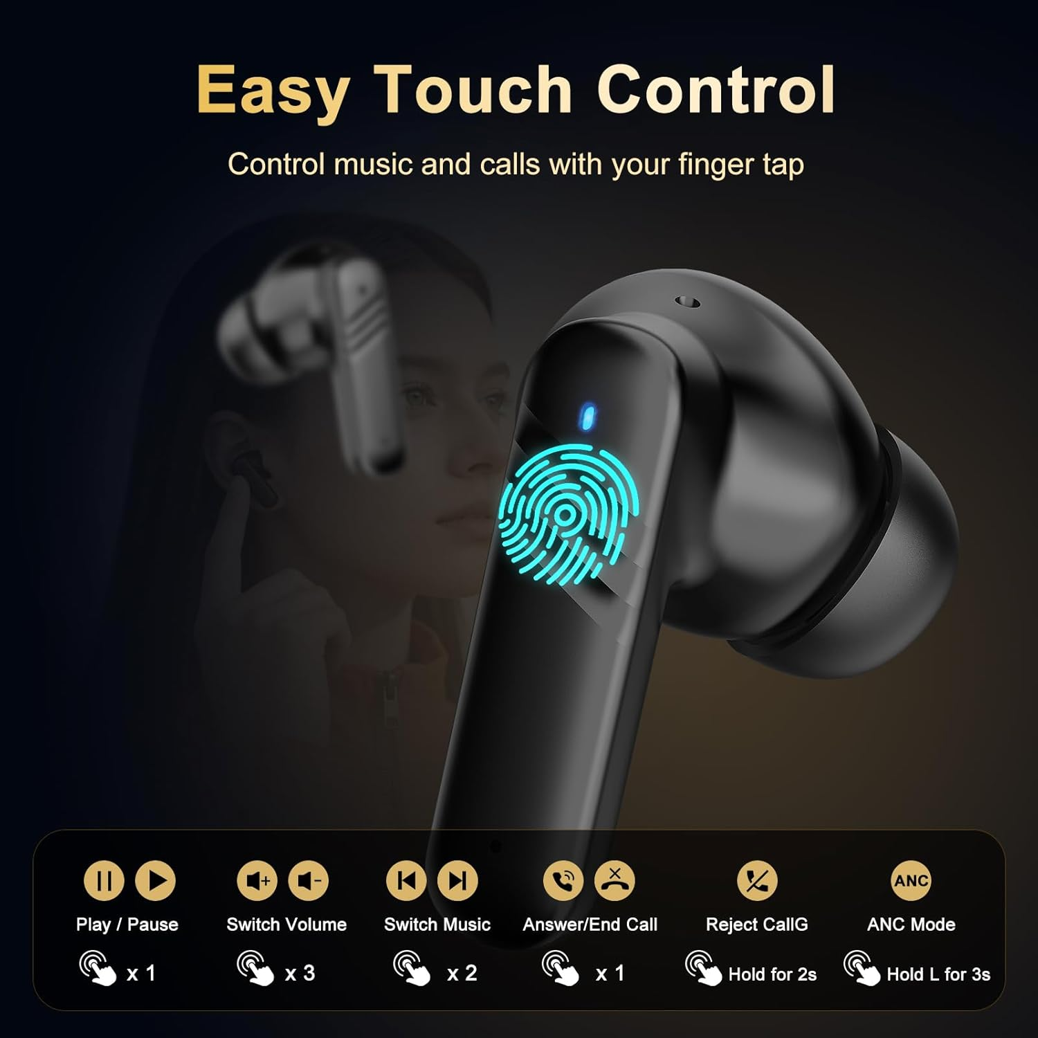 Vabaso Wireless Earbuds with Smart Touch Screen, in Ear Headphones with 10Mm Drivers for Big Bass, 24H Playtime Hi-Fi Stereo Sound, ANC/ENC ​Noise Cancelling,Ipx5,Earphones for Iphone Android Sports​ image number 3