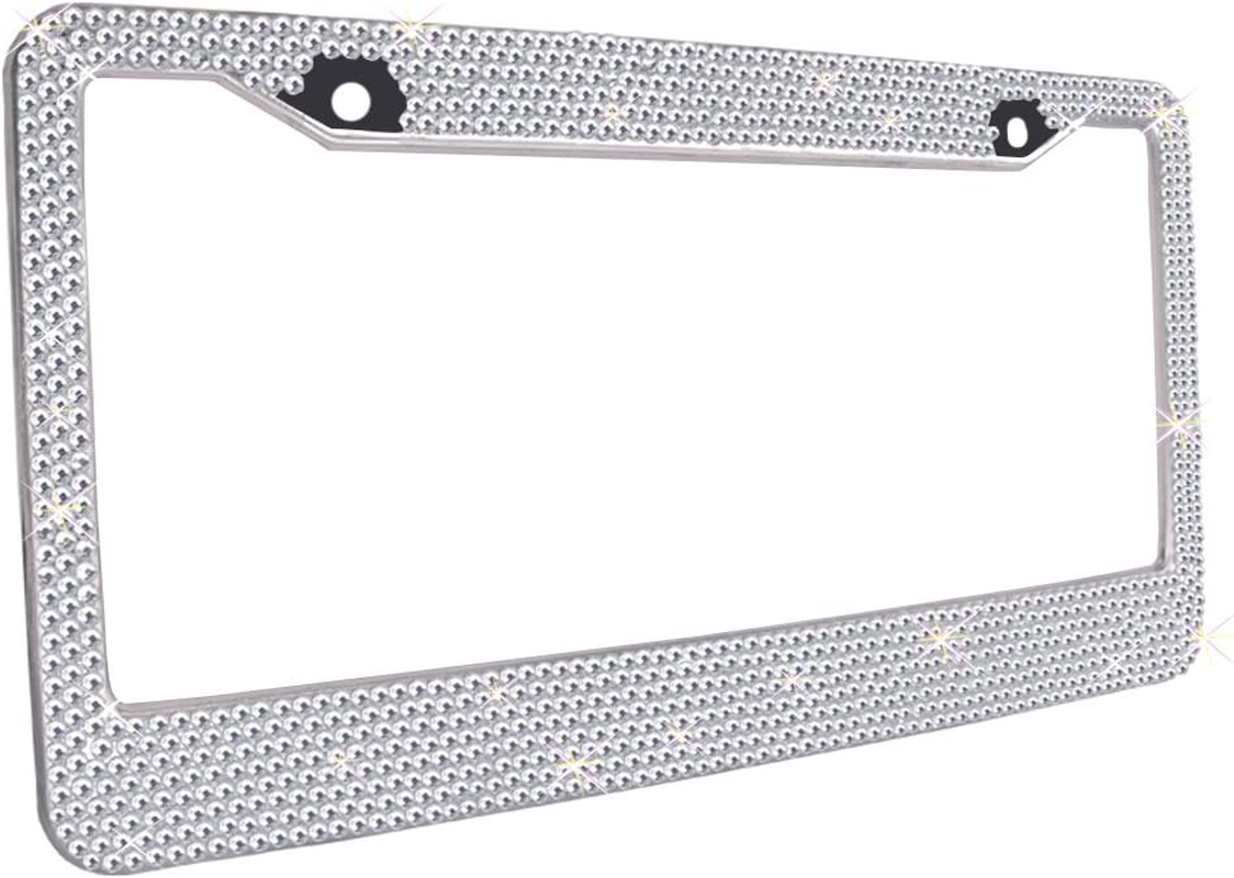 Bling Bling License Plate Frames 2 Pack - Pure Handmade Waterproof Glitter Rhinestones Crystal White License Plate Frame for Cars with 2 Holes Bonus Matching Screws Caps Set image number 5