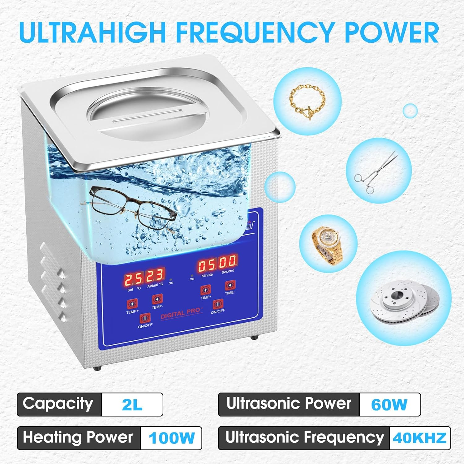 Advwin Professional Ultrasonic Cleaner Machine, 40Khz Digital Jewellery Ultrasonic Cleaner 304 Stainless Steel with Timer and Heater 650Ml/2L/6.5L/10L/22L - 2L image number 5