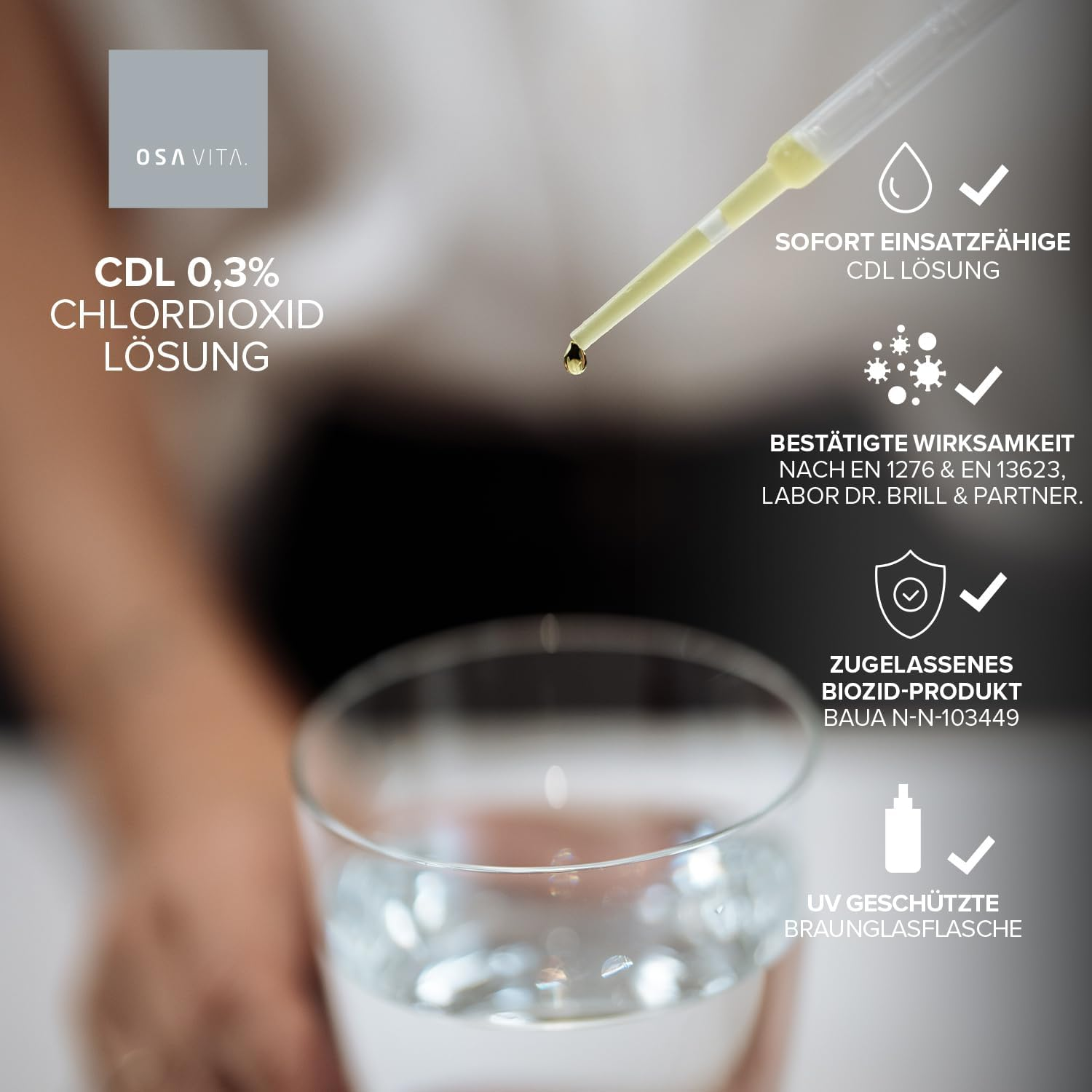 OSAVITA&reg; CDL 0.3% Chlorine Dioxide Solution Ready to Use - Efficacy Test According to EN1276 & EN13623 - Made in Germany (250 Ml) image number 1