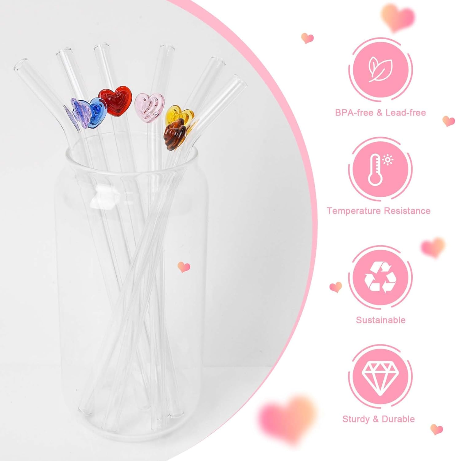 6 Pcs Glass Straws with 2 Cleaning Brushes, Cute Colorful Heart Shaped Bent Glass Straws Shatter Resistant, Reusable Love Straws Charm for Coffee Lover, Milkshake, Smoothies, Juice, Aesthetic Gift image number 3