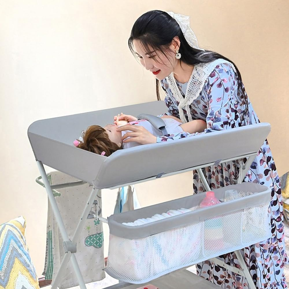 Portable Diaper Changing Table, Foldable Changing Table with Wheels 3-Level Adjustable Height Multifunctional Foldable Bathing Bed Diaper Changing Massage Table W/Storage