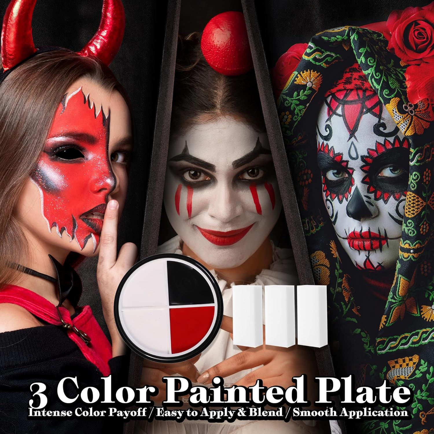 VANERIA Clown Makeup Halloween, Black White Red Cream Face Body Paint for Halloween, SFX Makeup Set with Vampire Teeth & Fake Blood, Clown Art Theater with Brushes image number 2