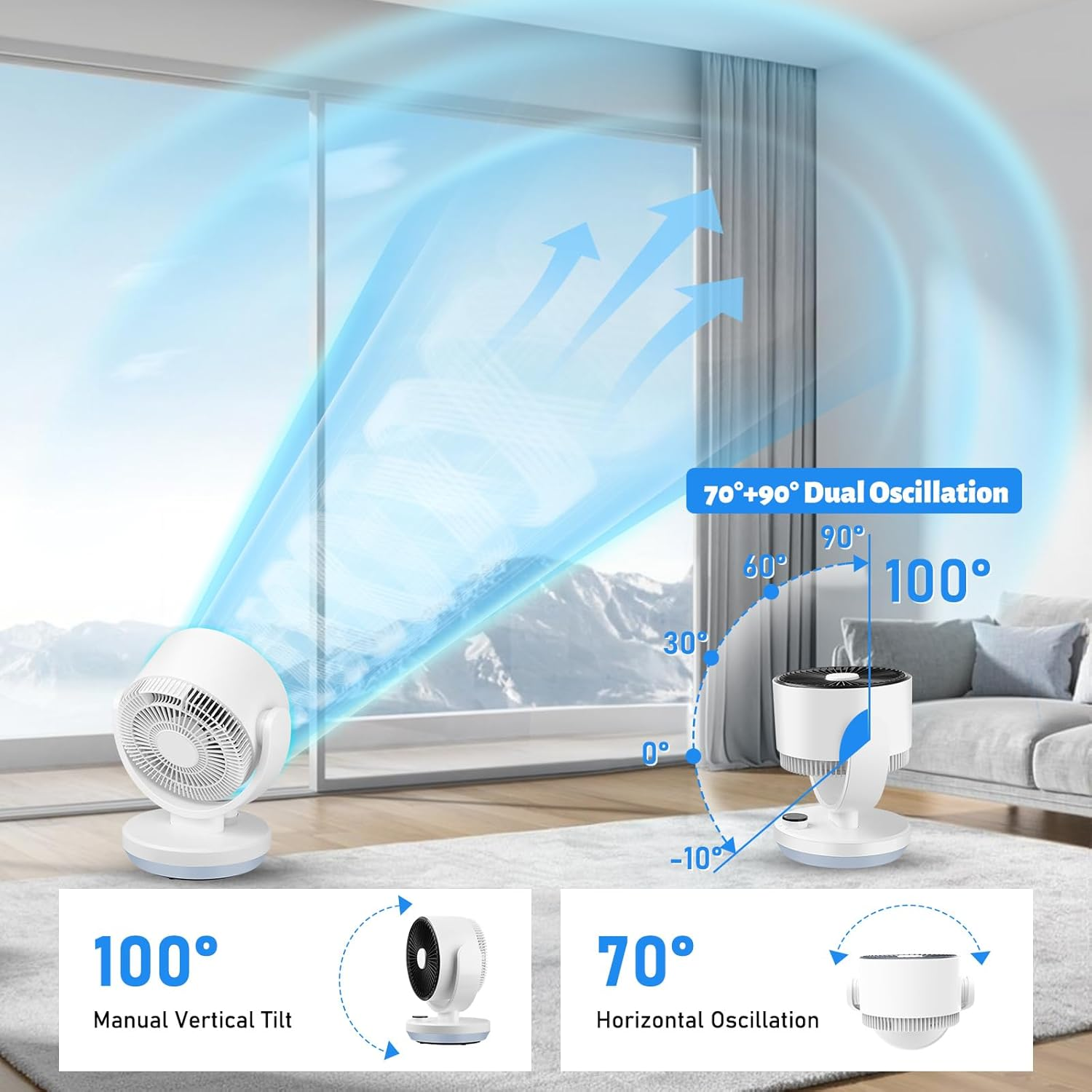 Vitalz Fan for Bedroom, Desk Air Circulator Fans,Efficient Cooling & Circulation, Powerful Airflow Table Oscillating Fan with 3 Speed, 90&deg; Adjustable Tilt Home,Offoce image number 2