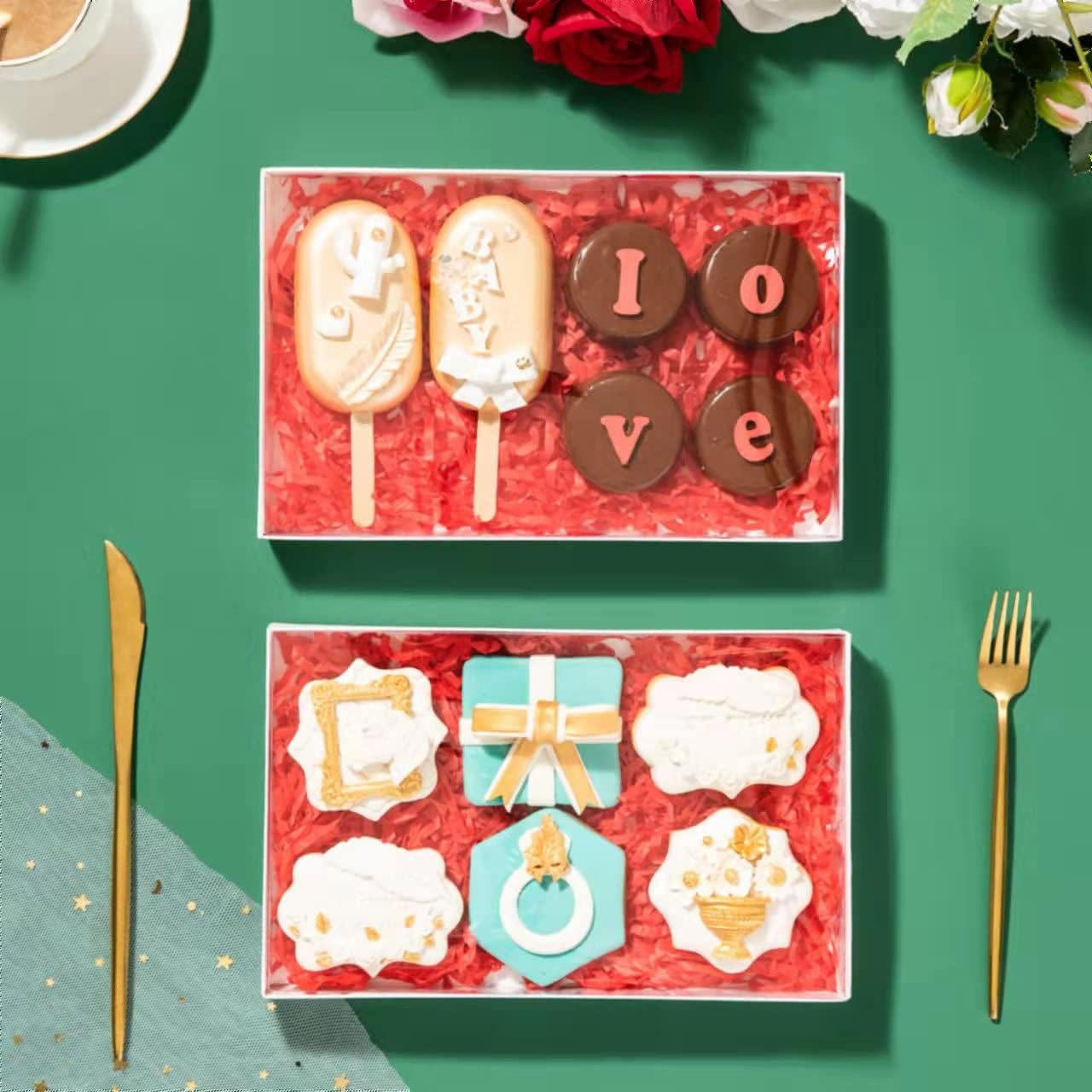 Romanticbaking 10Pack 9 1/2" X 6" X 1 1/4" Inch Clear Cookies & Cakesicle Boxes with Window - Perfect for Macarons & Chocolate Covered Pretzel Rods - 24, Gold,Transparent image number 5