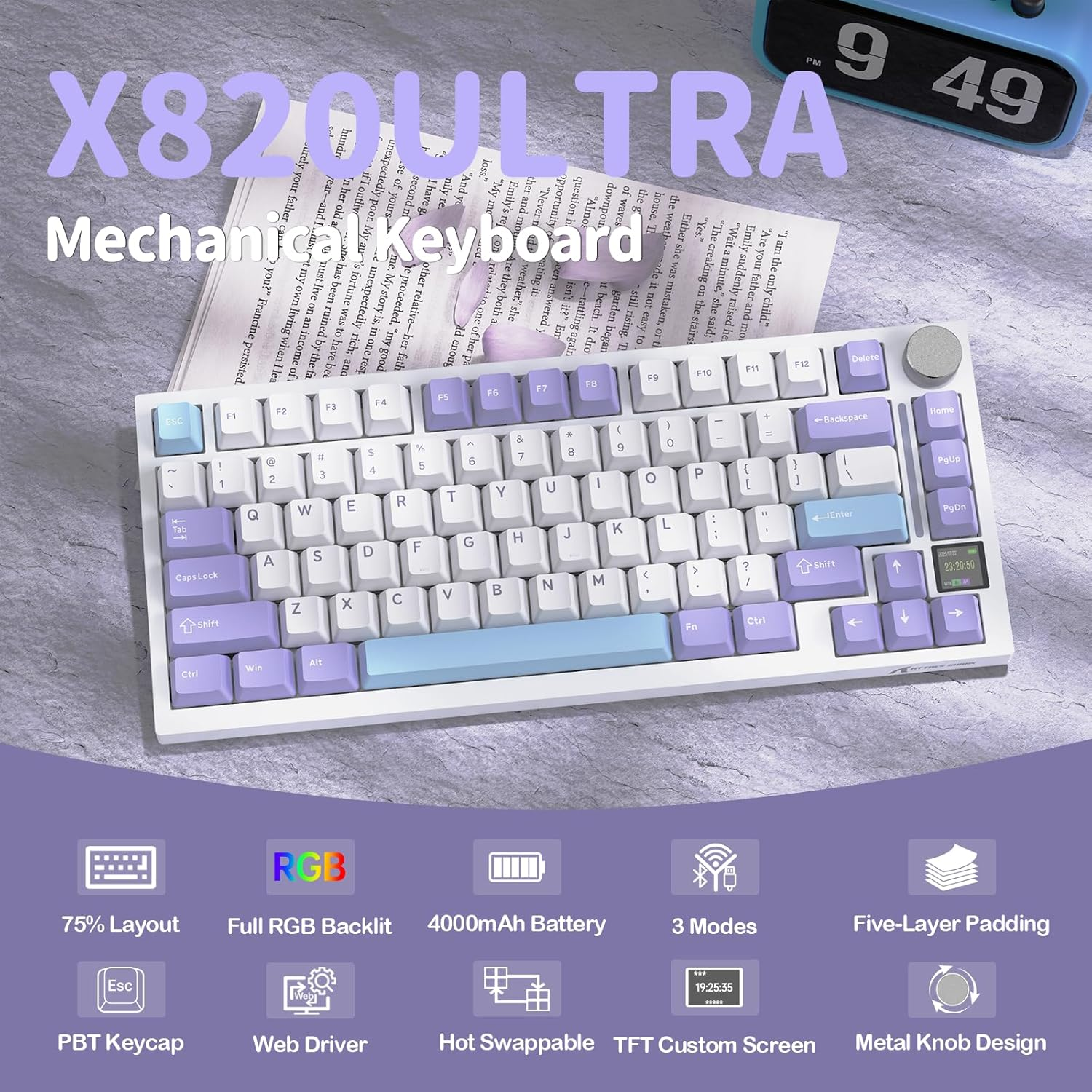 ATTACK SHARK X820 Ultra Wireless Gaming Mechanical Keyboard with TFT Smart Display&Knob,75% Hot Swappable Custom Gasket-Mounted Keyboard,Tri-Mode(Wire/2.4Ghz/Bt)-Starlight White&Gift Switch image number 2