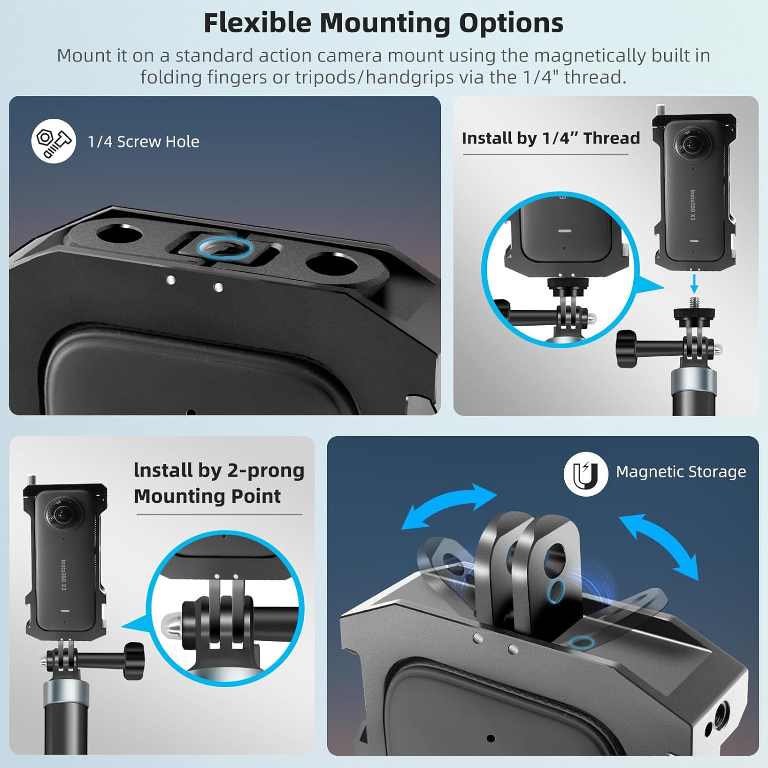 REYGEAK Aluminum Frame Cage for Insta360 One X3, Ultra Light Protective Case/Shell/Housing Accessories for Insta 360 X3 Double Cold Shoe Interface with 1/4" Threads Cold Shoe Mount Folding Fingers image number 2