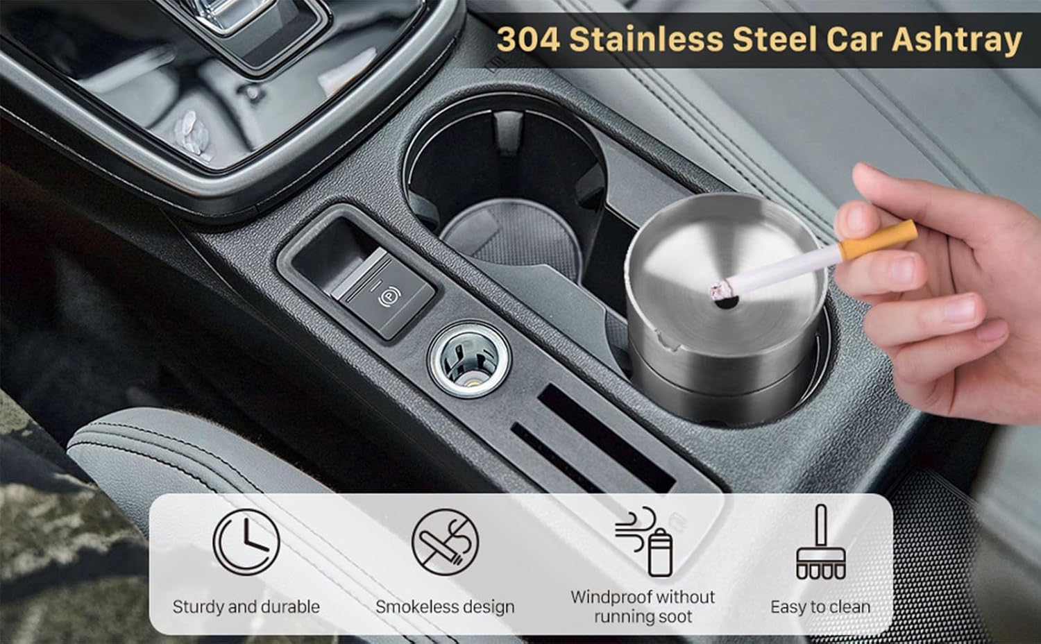 Silvery Car Ashtray with Funnel Cover,Stainless Steel Ashtray Suitable for All Cars image number 1