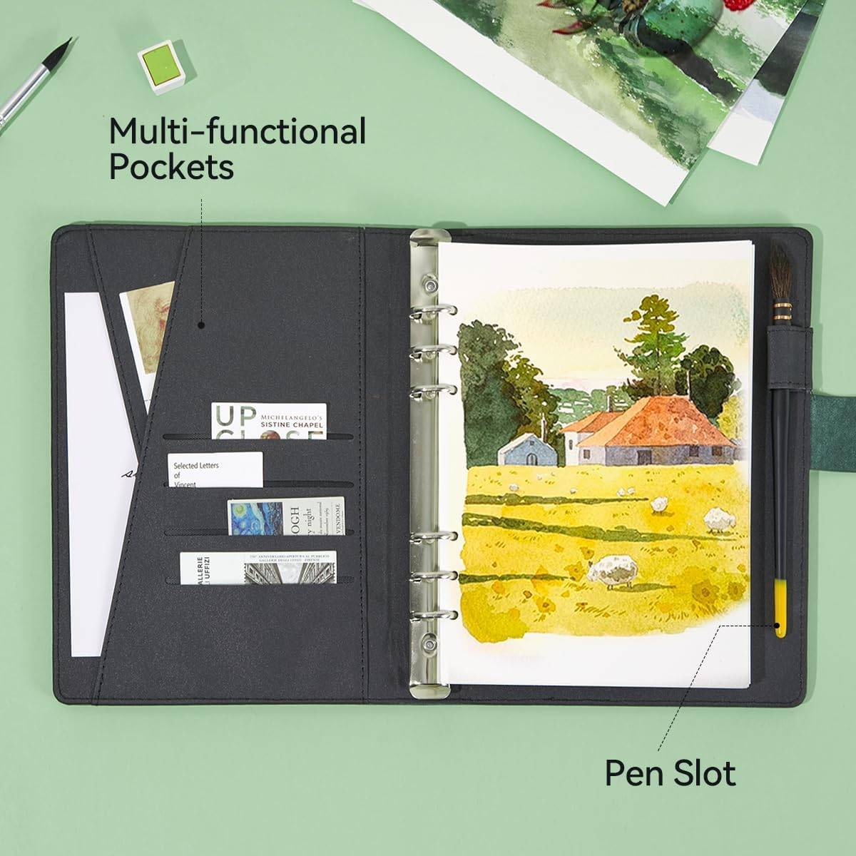 Lightwish Watercolor Sketchbook,100% Cotton Acid Free Watercolor Journal,300Gsm/140Lb Hot Press Watercolor Paper for Artists,Adults,Students,20 Sheets,9.25 * 6.3 Inches(Leather Green) image number 3