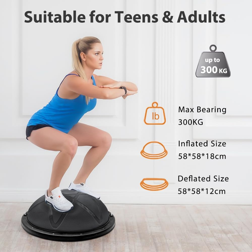 300KG Half Balance Ball Trainer,7Pcs Half Exercise Balance Ball Trainer Set with 2 Resistance Bands,Yoga Ball&Foot Pump,58Cm Stability Ball for Full Body Workout,Exercises,Home Gym,Physical Therapy - Black image number 5