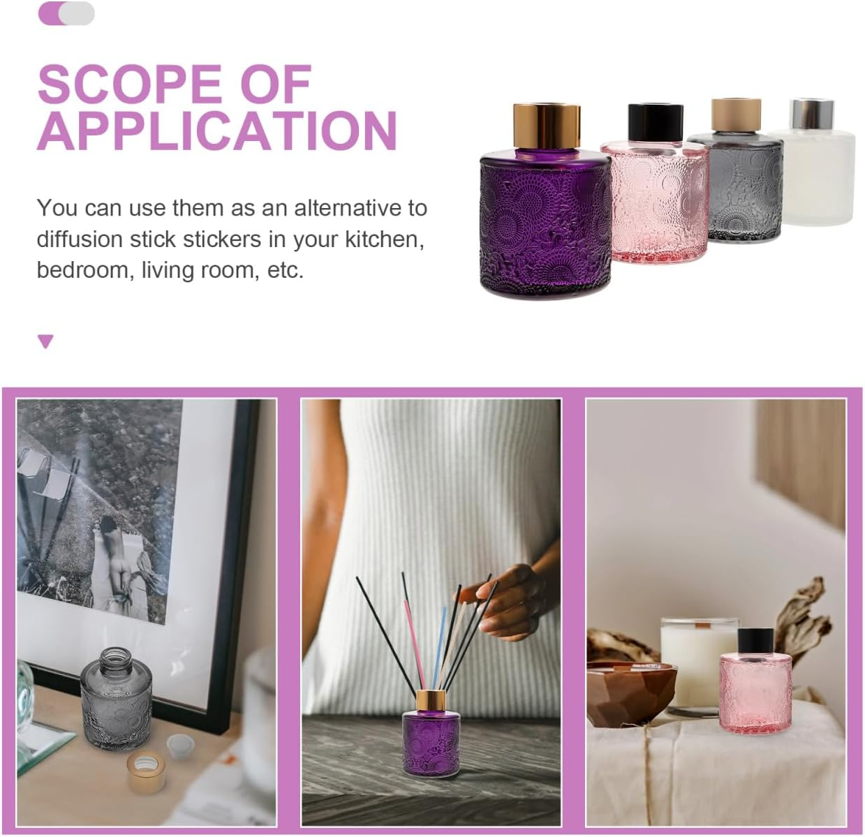 Operitacx 4Pcs Glass Diffuser Bottles Set of 4, 3.5 Height 100ML, Small Bottle Shape, Diffuser Jars for Home Fragrance (White, Pink, Grey, Purple) image number 5